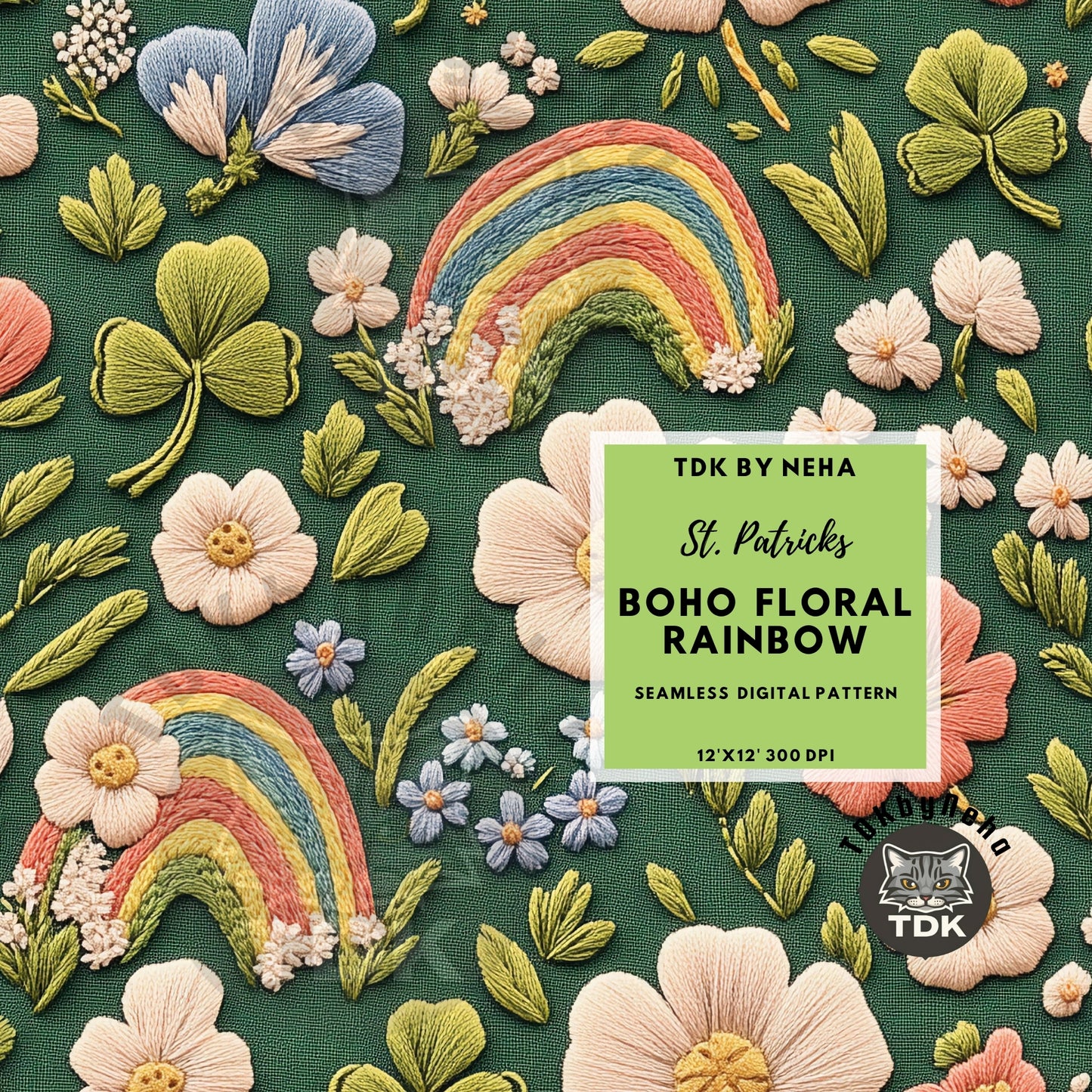 St. Patrick's Day Boho Floral Rainbow Seamless JPG