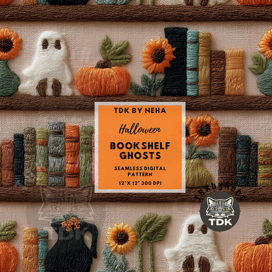 Halloween Bookshelf Ghost Seamless JPG