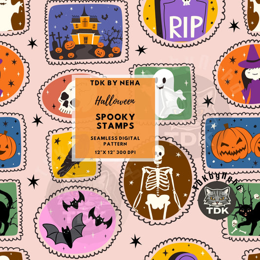 Witchy Halloween Stamps Patchwork Seamless PNG