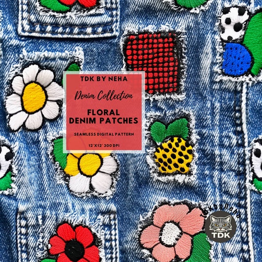 Retro Funky Denim Floral Seamless