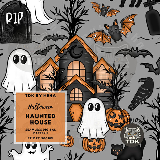Halloween Haunted House Seamless PNG (Grey)