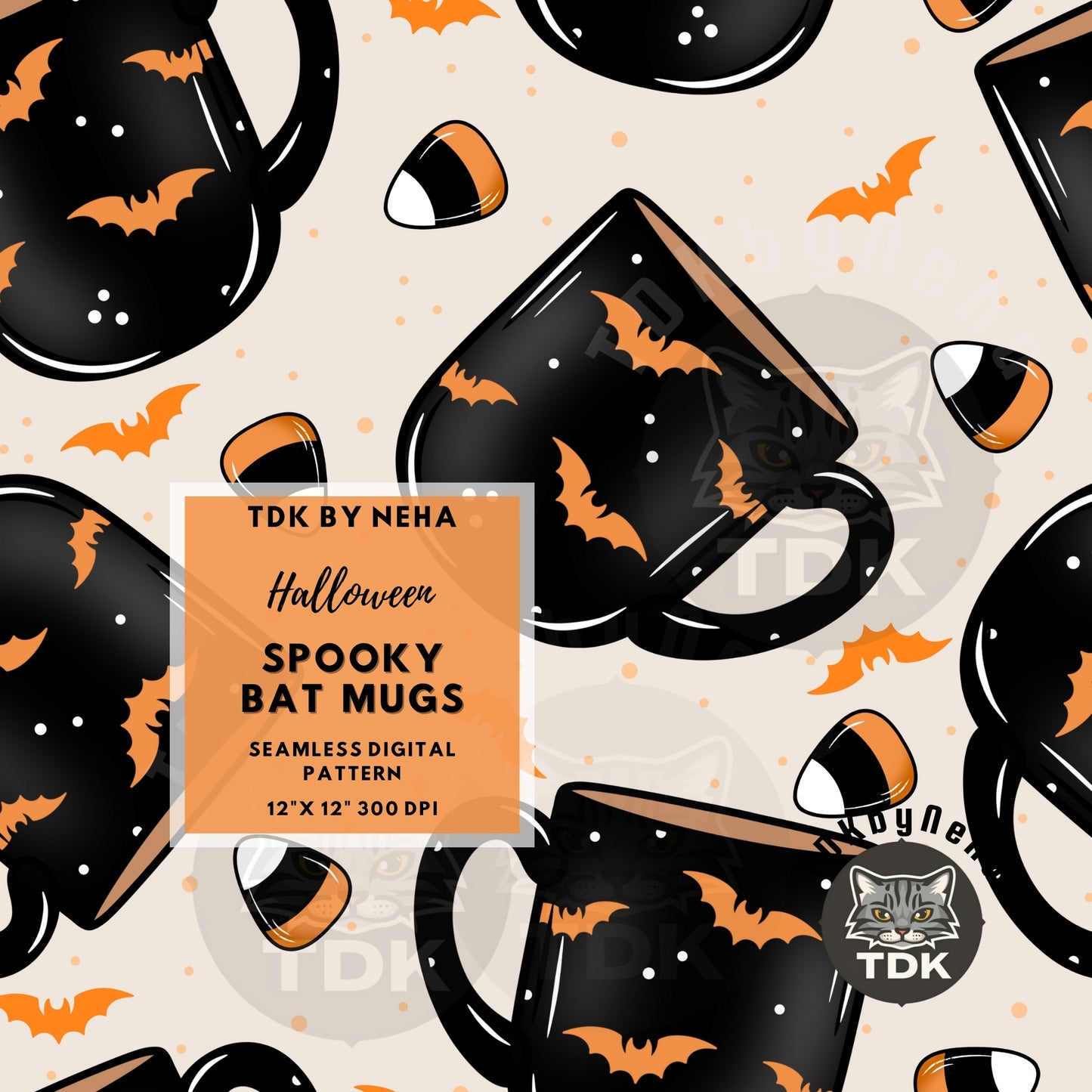 Bats Coffee Mugs Halloween Seamless PNG (Beige)