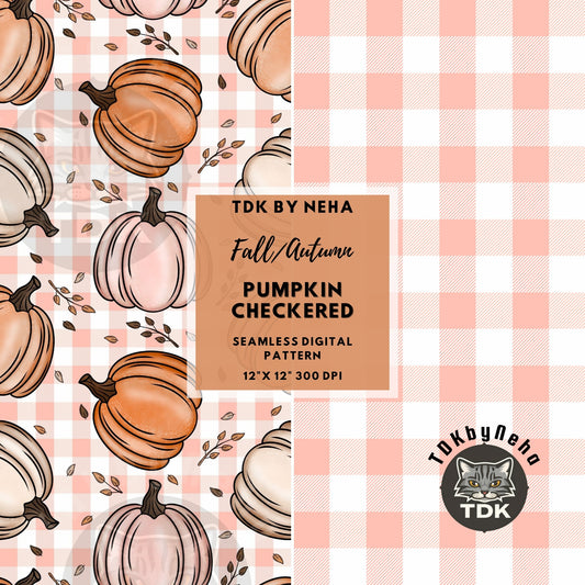 Fall Checkered Pumpkin and Gingham Checks Seamless PNG (Dusty Pink)