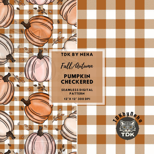Fall Checkered Pumpkin and Gingham Checks Seamless PNG