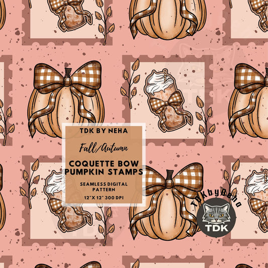 Fall Pumpkin and Coffee Stamps Seamless PNG (Pink)