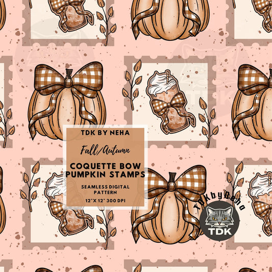 Fall Pumpkin and Coffee Stamps Seamless PNG (Dusty Pink)