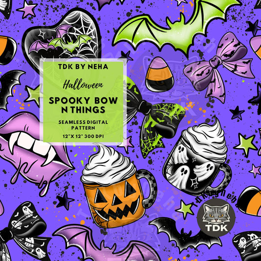 Spooky Halloween Bow n Things Seamless PNG (purple)