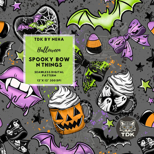 Spooky Halloween Bow n Things Seamless PNG (Grey)