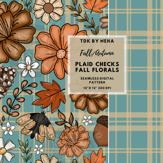 Checkered Fall Florals and Checks Seamless PNG (Dusty Green)
