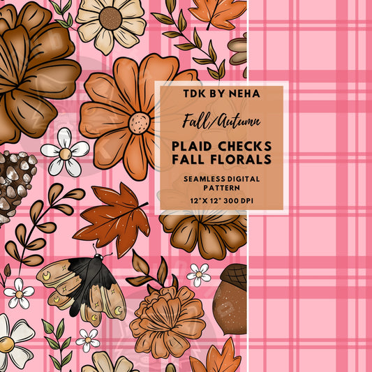 Checkered Fall Florals and Checks Seamless PNG (pink)