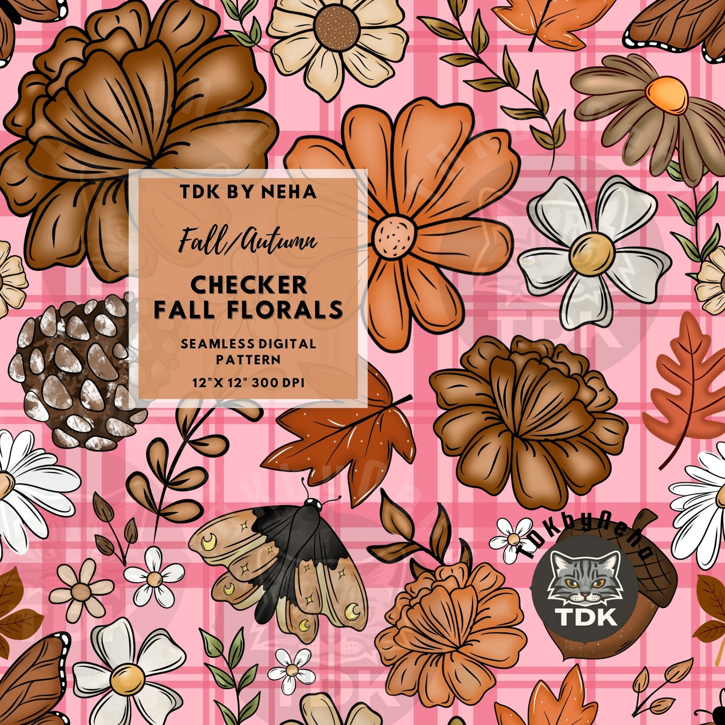 Checkered Fall Florals and Checks Seamless PNG (pink)