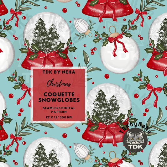 Christmas Bow Snow Globe Seamless PNG (Lblue)