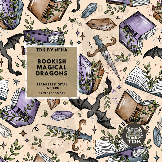 Bookish Magical Dragons Seamless PNG