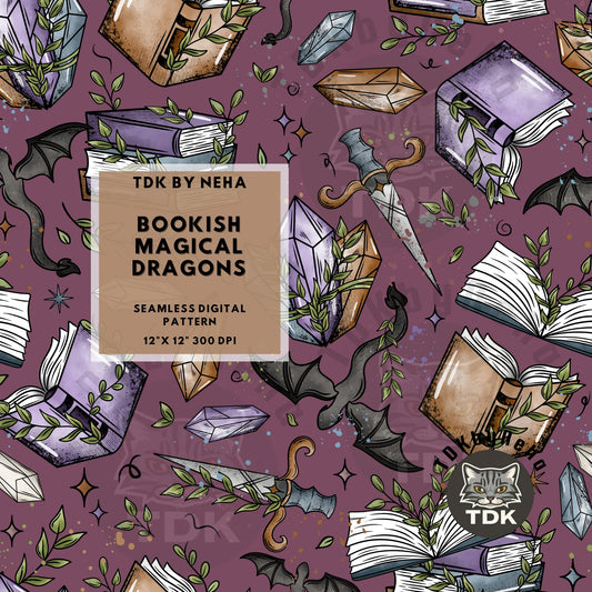 Bookish Magical Dragons Seamless PNG (Purple)