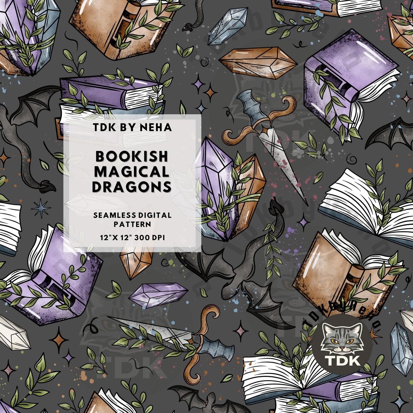 Bookish Magical Dragons Seamless PNG (Grey)