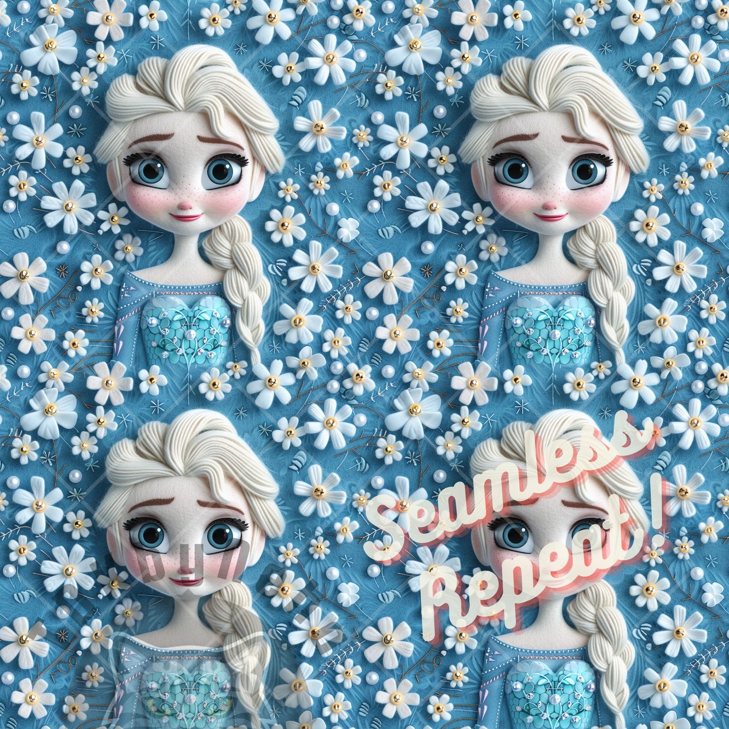 Instant Download Ice Princess Frozen Seamless Digital Paper for Fabric Printing, Floral Magical Princess 3D Seamless Repeat Sublimation Design