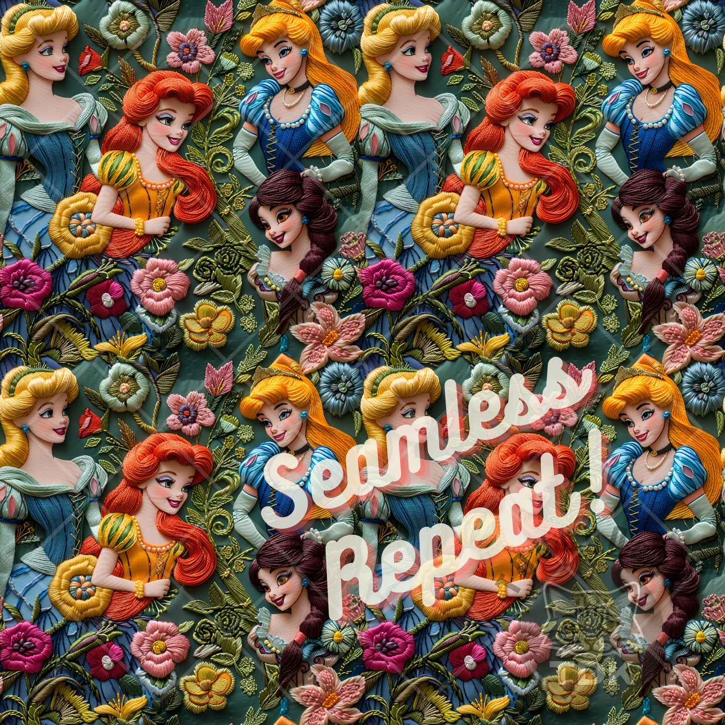 Instant Download Retro Princess Collage Seamless Digital Paper for Fabric Printing, Floral Magical Princess 3D Seamless Repeat Sublimation Design
