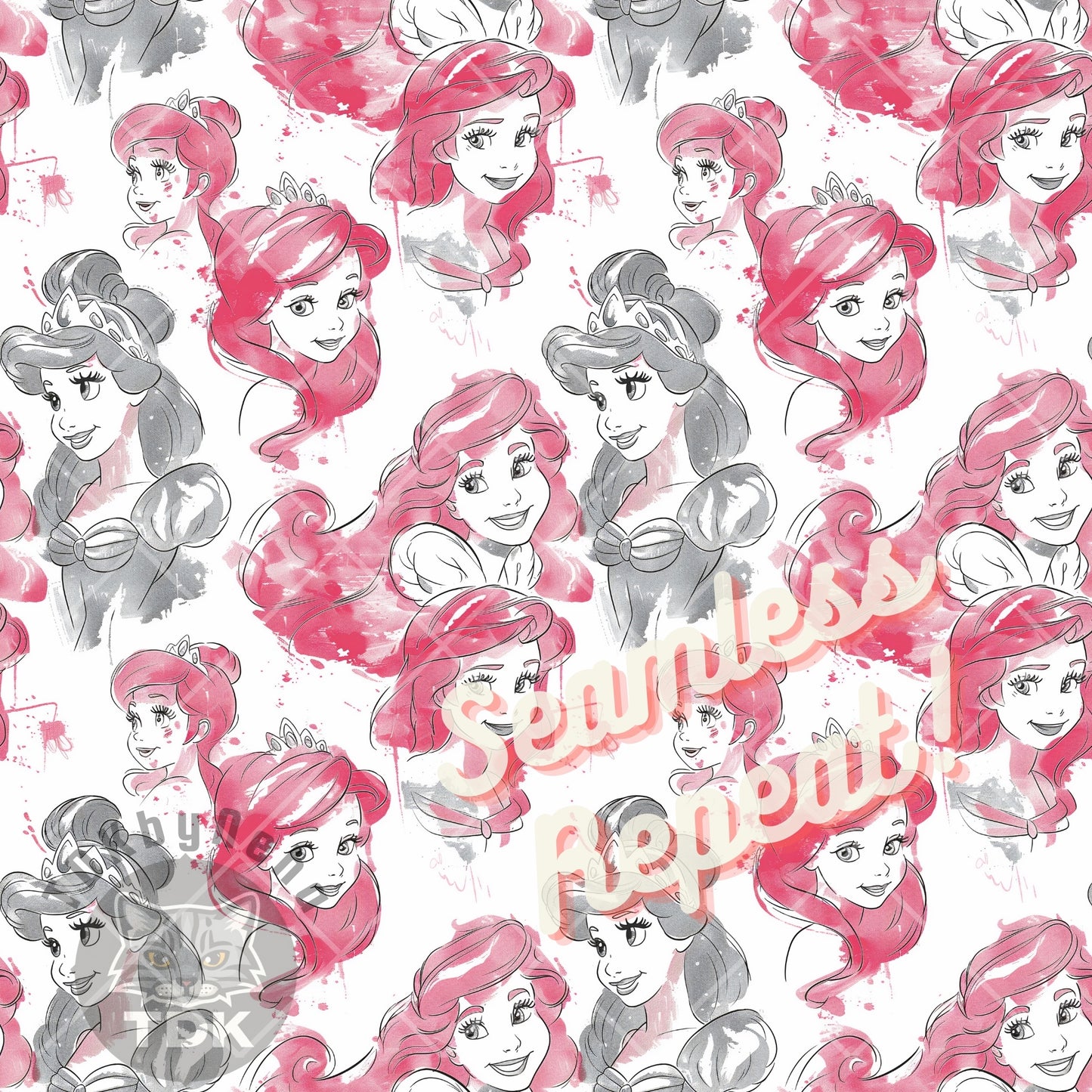 Instant Download Mermaid Princess Collage Seamless Digital Paper for Fabric Printing, Ocean Magical Princess 3D Seamless Repeat Sublimation Design