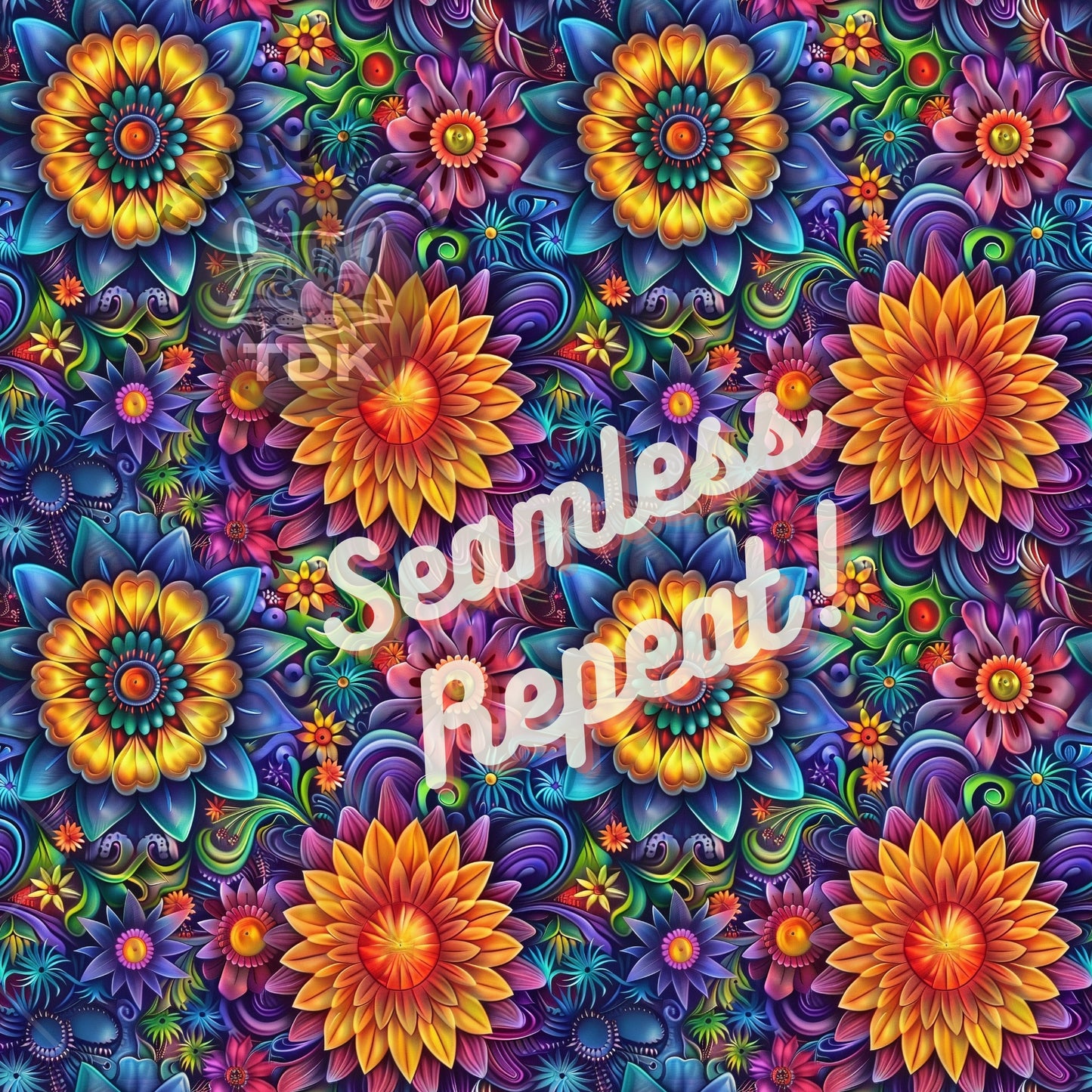 Instant Download , Bright Florals Seamless Digital Paper for Fabric Print, Colorful Psychedelic Flower Seamless Repeat Sublimation Design