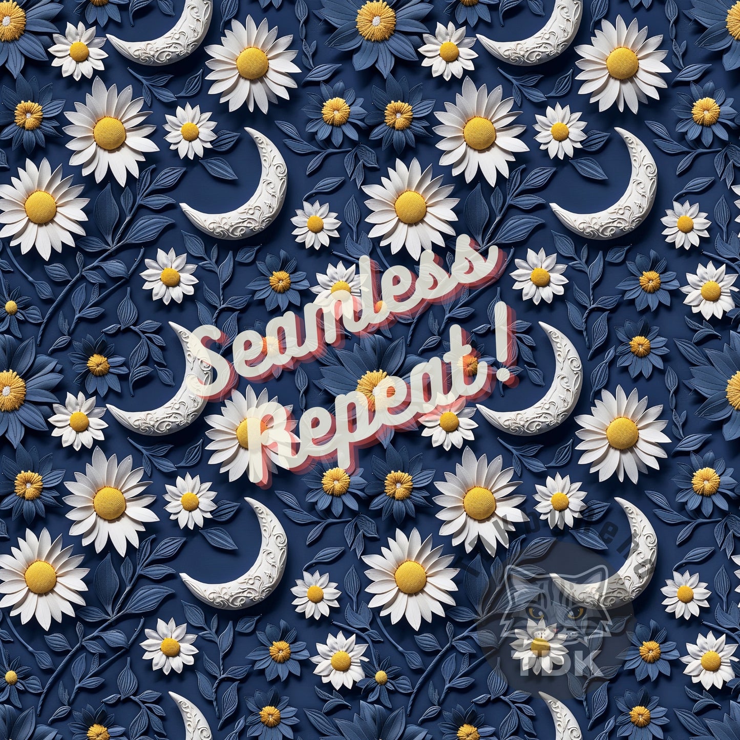 Instant Download , 3D Moonlit Daisy Seamless Digital Paper for Fabric Print, Night Flowers Seamless Repeat Sublimation Design