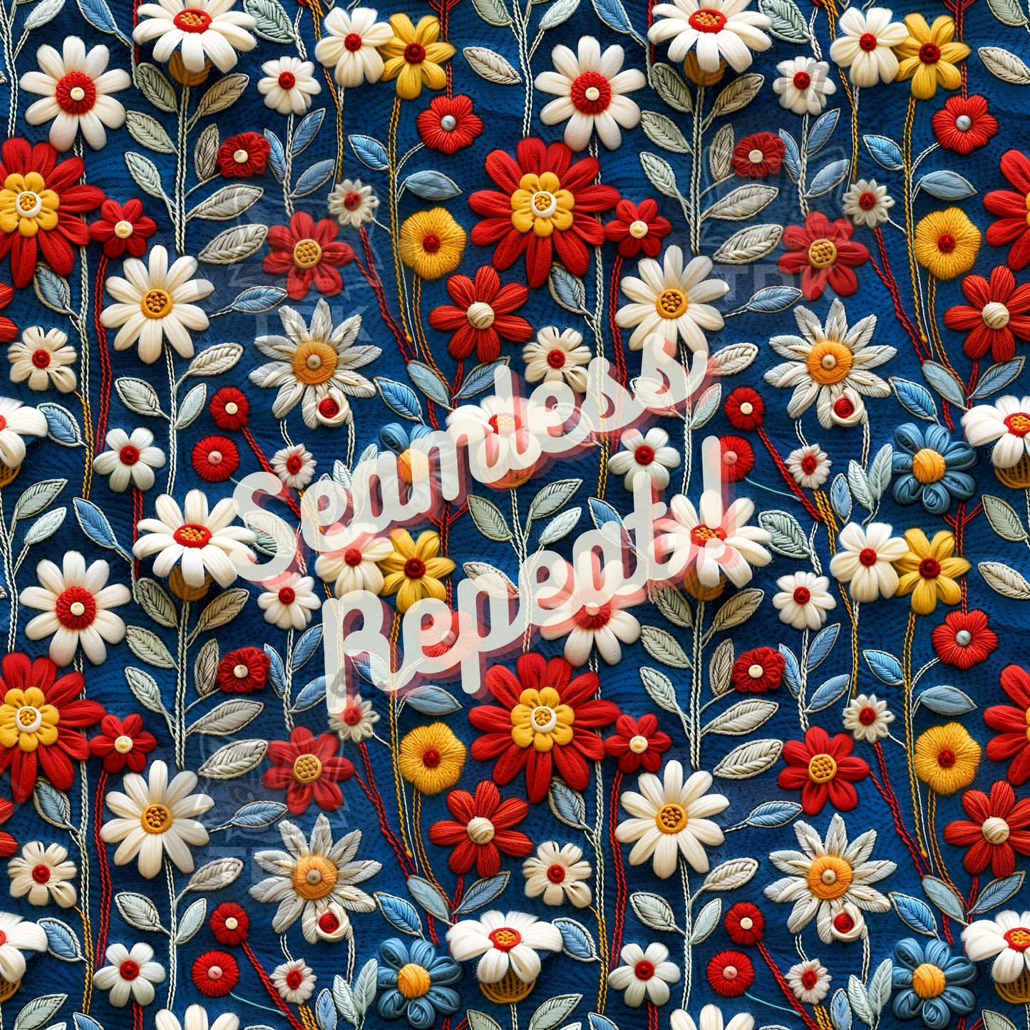Instant Download , Sweet Boho Floral 3 Seamless Digital Paper for Fabric Print, Red White Yellow Blue Daisy Flowers Seamless Repeat Sublimation Design