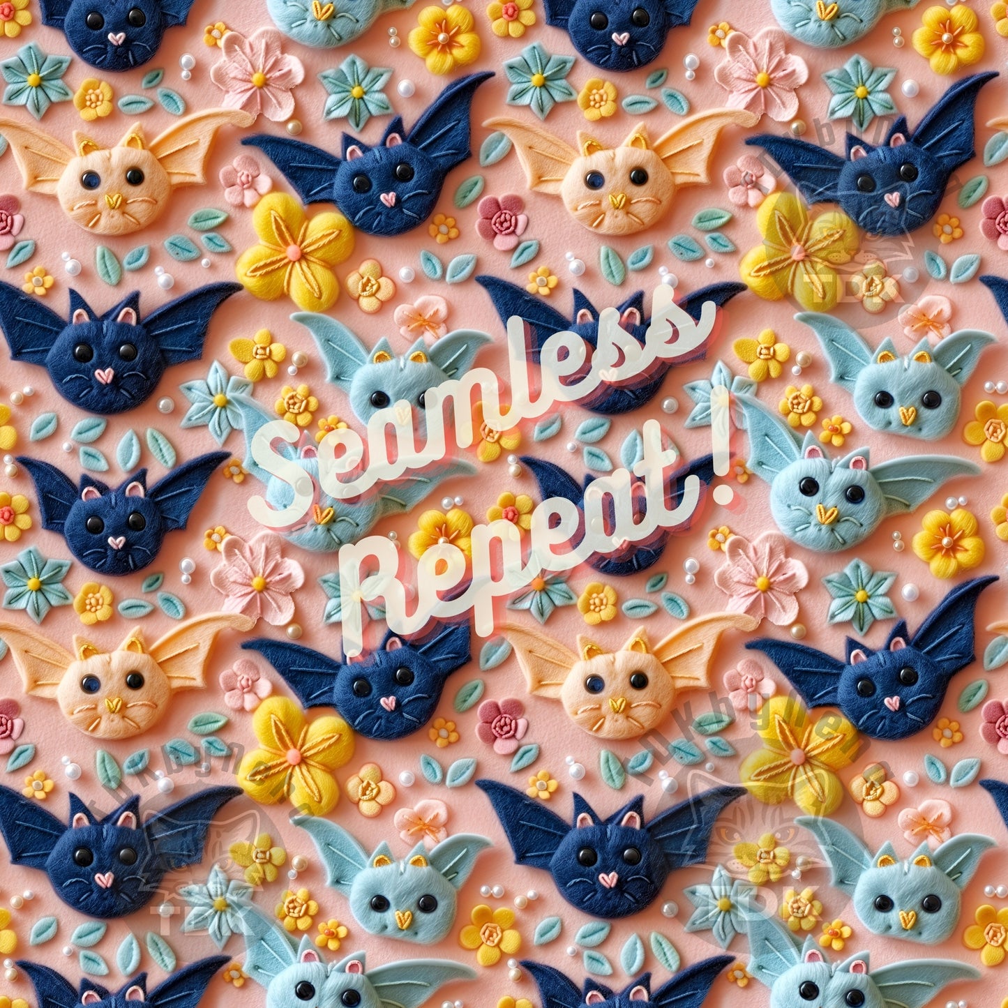 Instant Download , Cute Floral Bats Seamless Digital Paper for Fabric Print, 3D Bats Halloween Seamless Repeat Sublimation Design