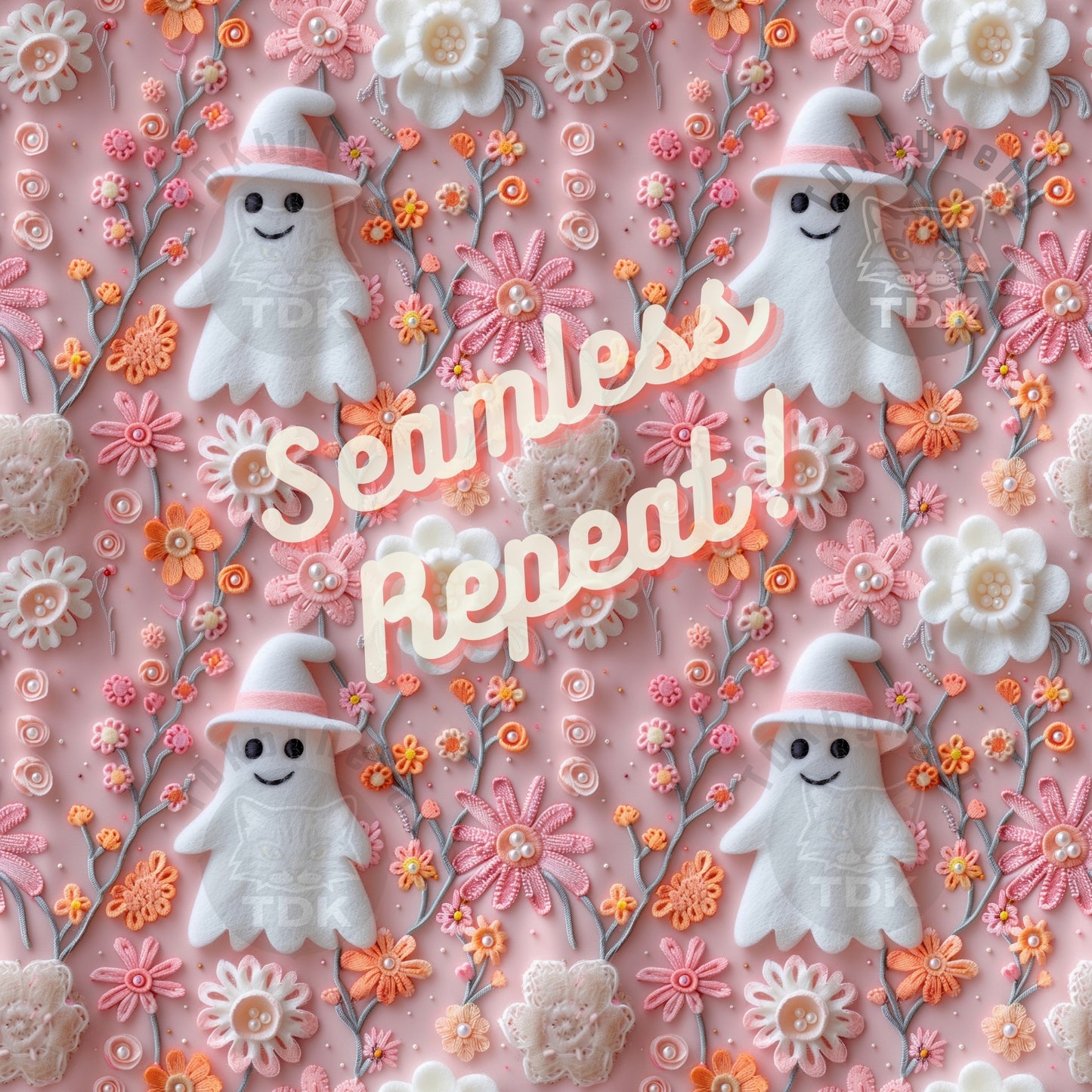 Instant Download , 3D Cute Floral Ghost Seamless Digital Paper for Fabric Print, Cute Pink Ghost Halloween Seamless Repeat Sublimation Design