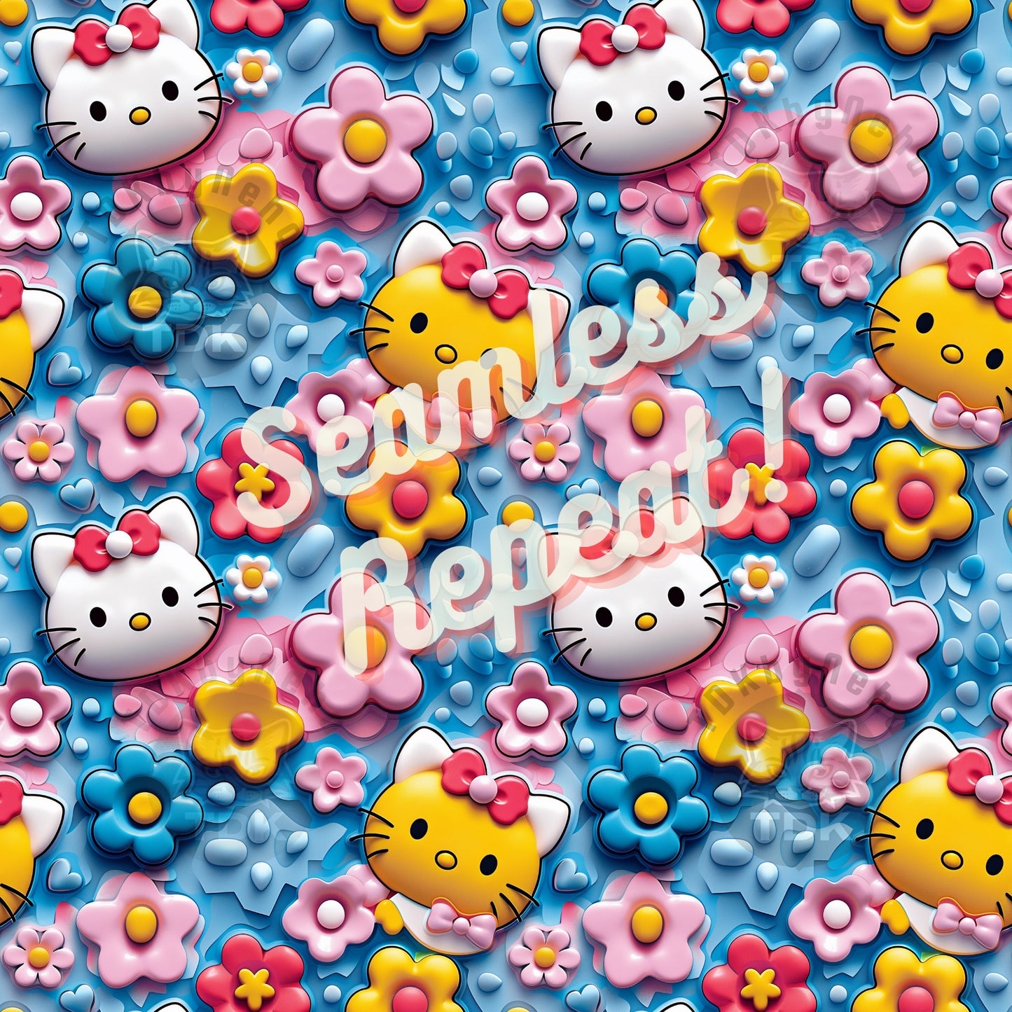 Instant Download 3D Floral Kitty Seamless Digital Paper for Fabric Printing, Cute Cat Character Cartoon Seamless Repeat Sublimation Design