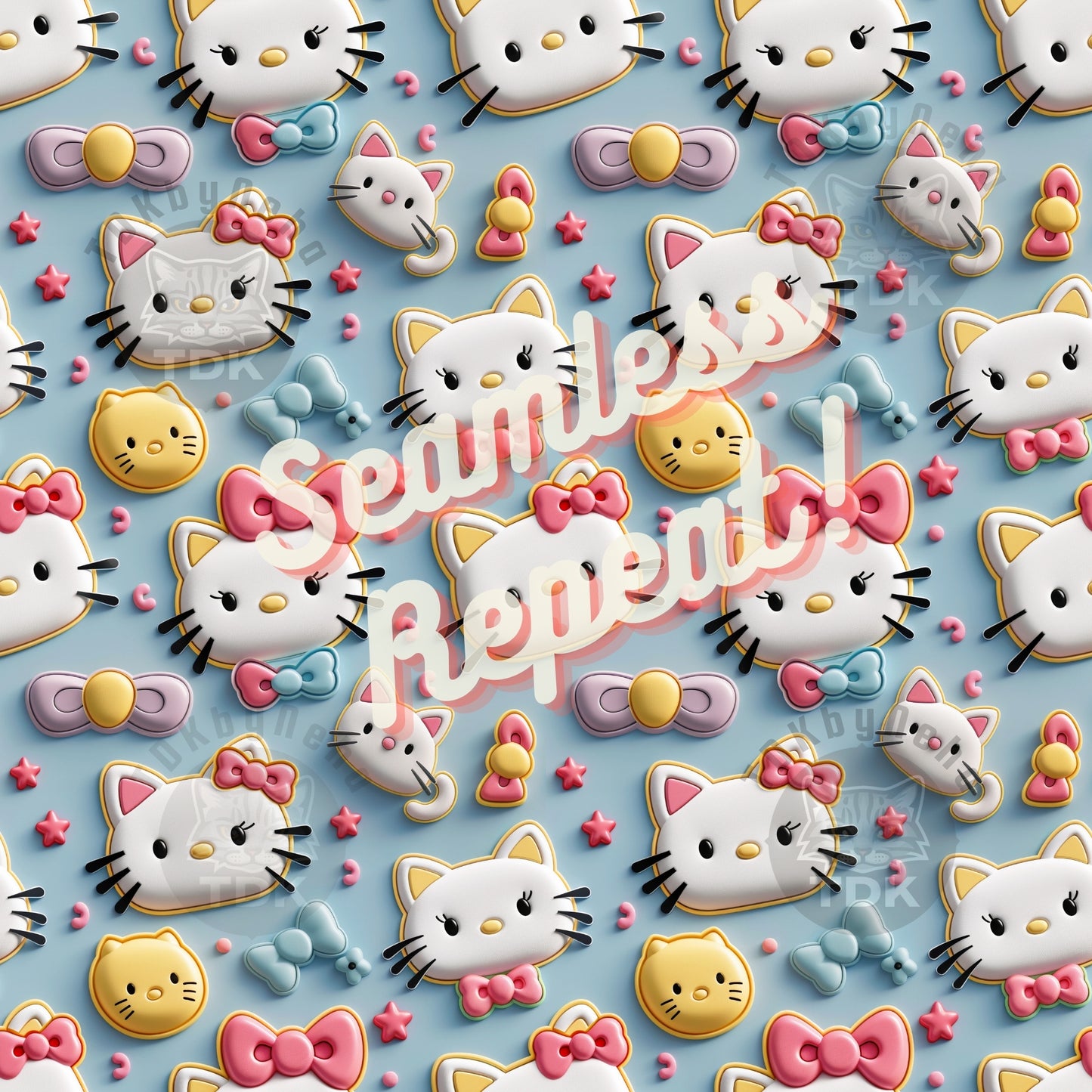 Instant Download 3D Kitty with Bow Seamless Digital Paper for Fabric Printing,Cute Character Seamless Repeat Sublimation Design