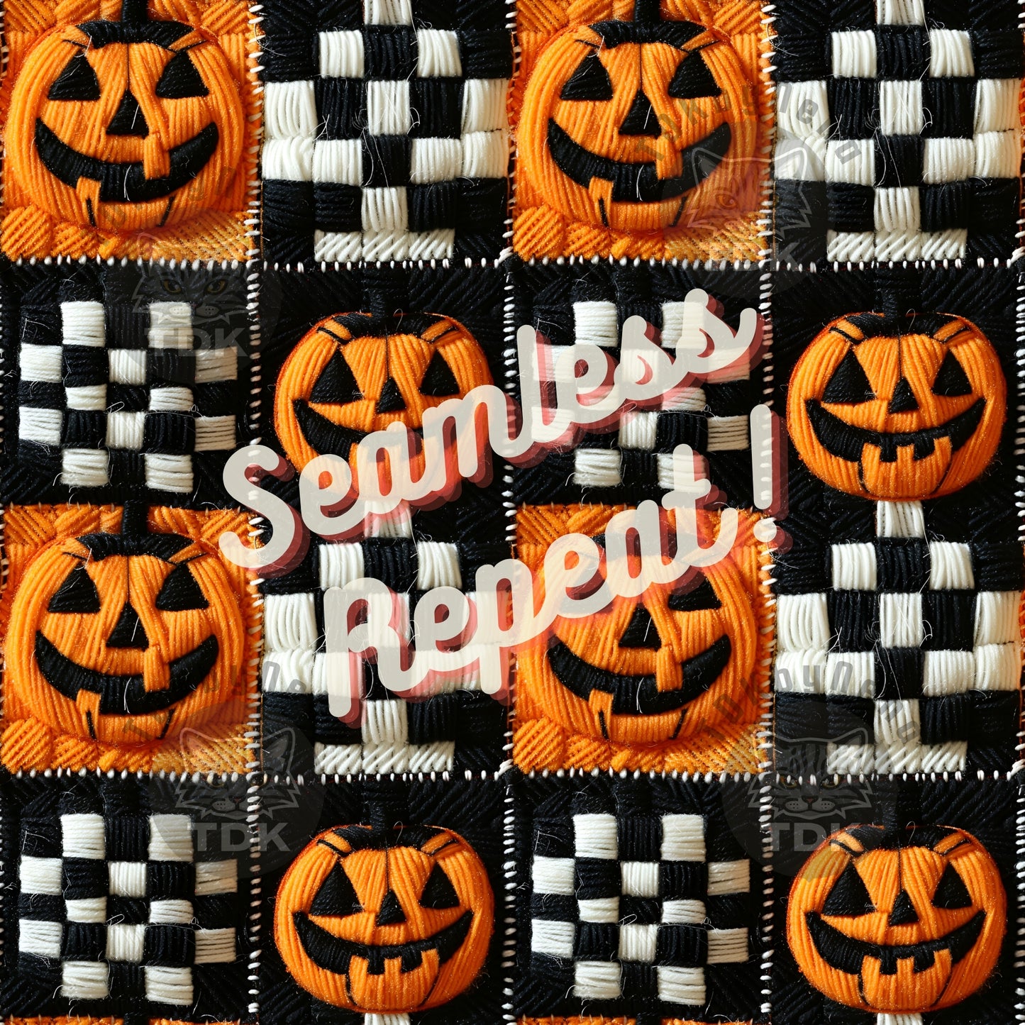 Halloween Checkered Jack O Lantern Pumpkin Patchwork Seamless JPG