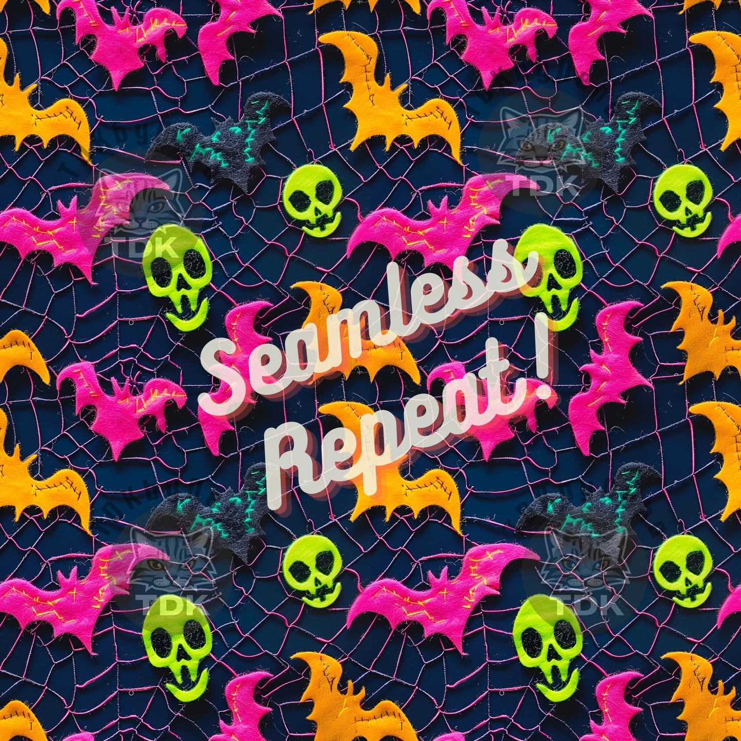 Instant Download ,Neon Bats Faux Embroidery Seamless Digital Paper for Fabric Print, Colorful Bats Halloween Seamless Repeat Sublimation Design