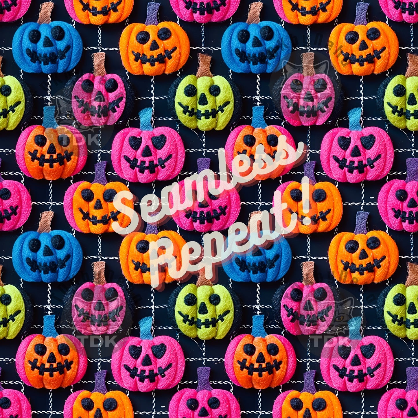 Instant Download ,Neon Jack O Lantern Faux Embroidery Seamless Digital Paper for Fabric Print, Colorful Pumpkins Halloween Seamless Repeat Sublimation Design