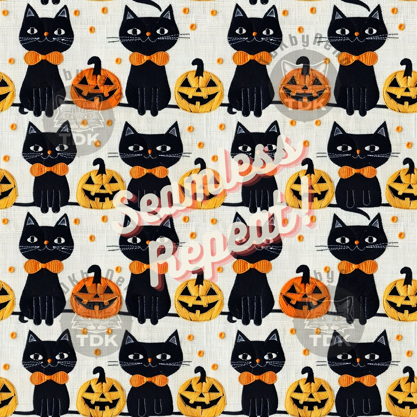 Neutral Halloween Fall Black Cats with Bow and Jack o Lantern Seamless JPG