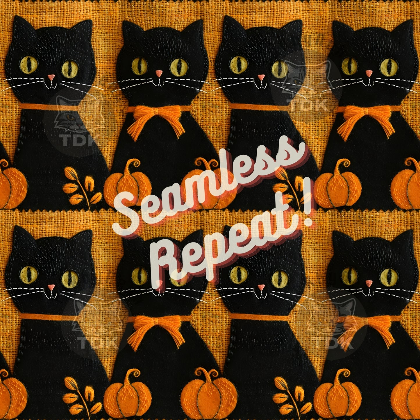 Halloween Fall Spooky 2 Black Cats and Pumpkin Seamless JPG