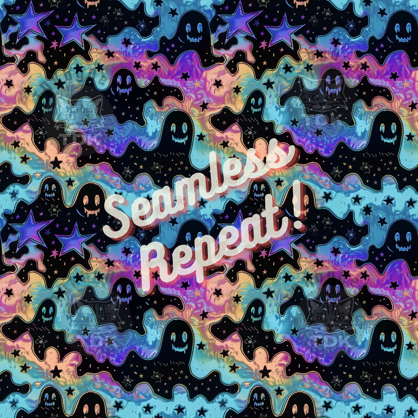 Halloween Spooky Iridescent Holographic Neon Ghosts Seamless JPG