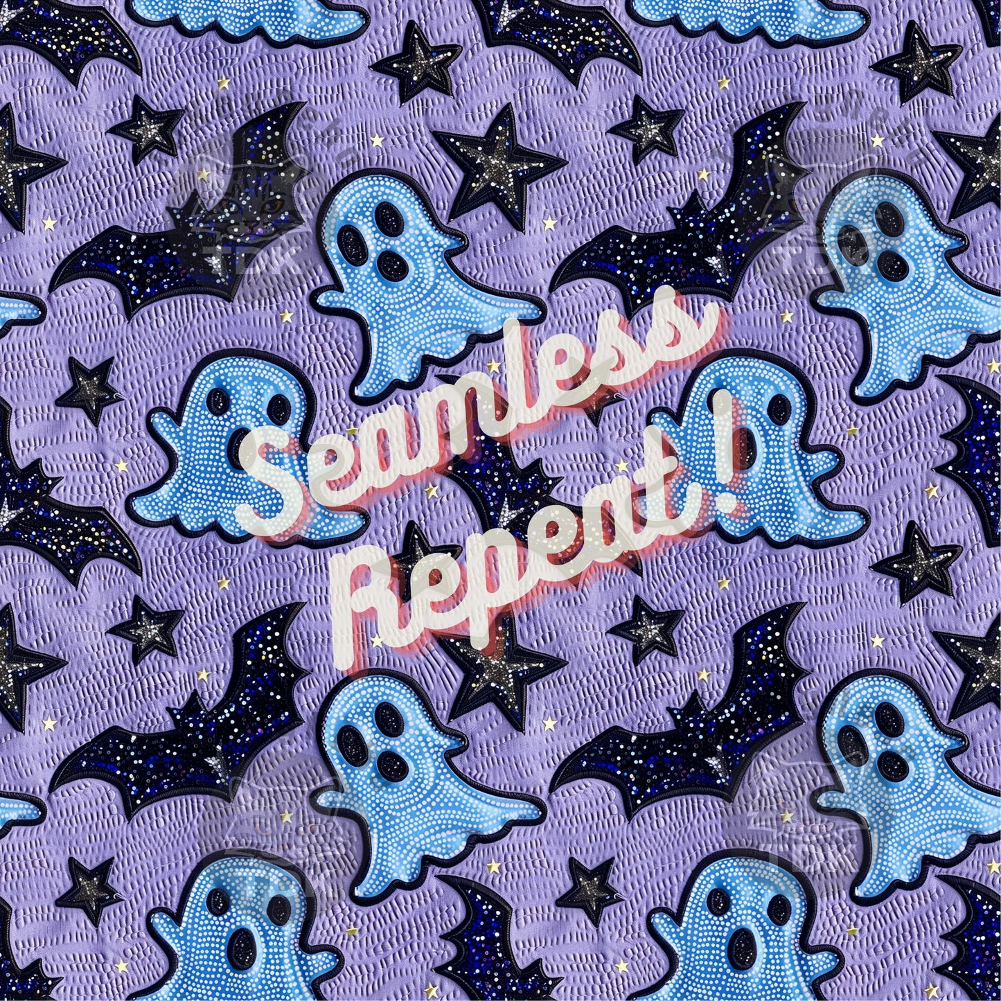 Halloween Spooky Glittery Ghost and Bat Seamless JPG