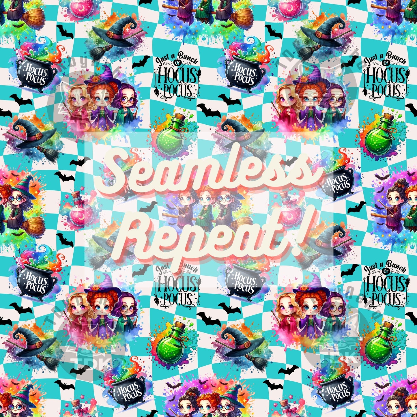 Instant Download Halloween 3 Witches Seamless JPG (Groovy Teal)
