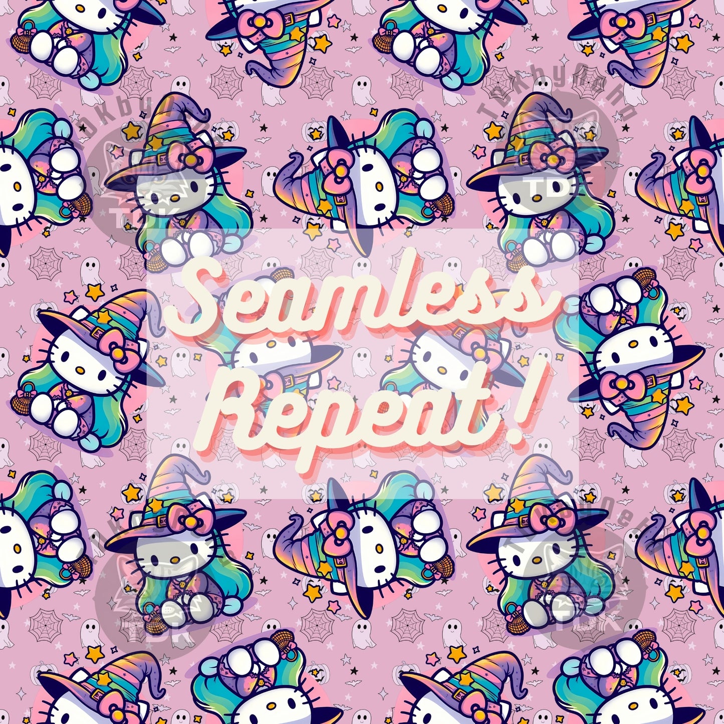 Instant Download Halloween Witchy Kitty Seamless Digital Paper for Fabric Print (Pink)