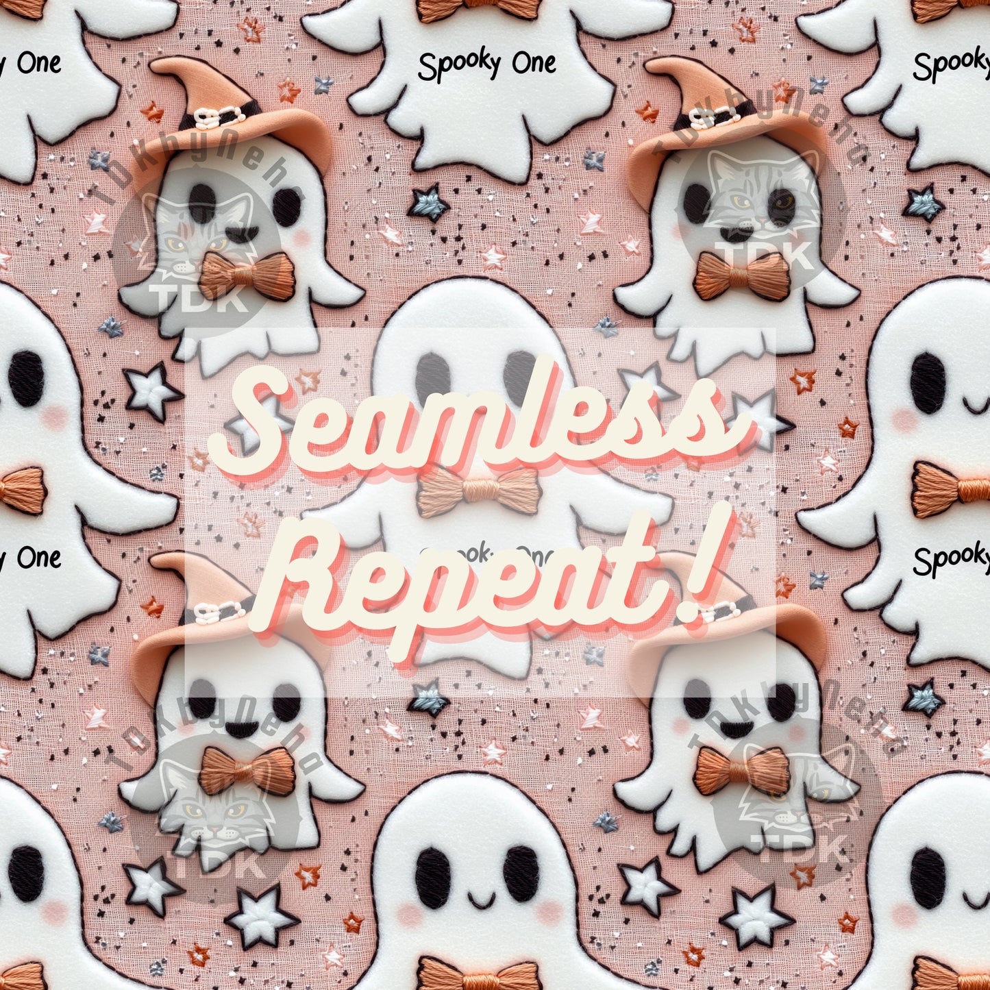 Halloween Spooky Pastel Pink Ghost with Bow Seamless JPG