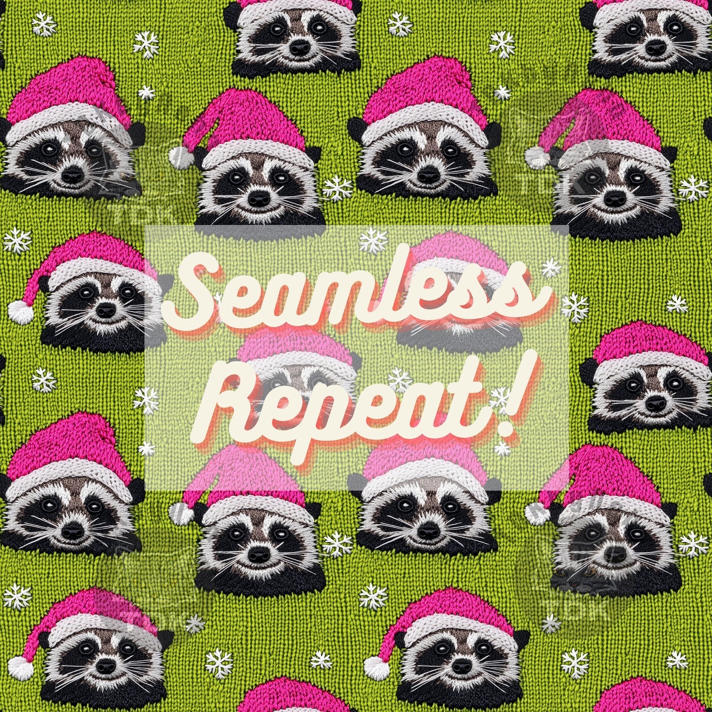 Neon Christmas Cute Santa Racoons Seamless JPG