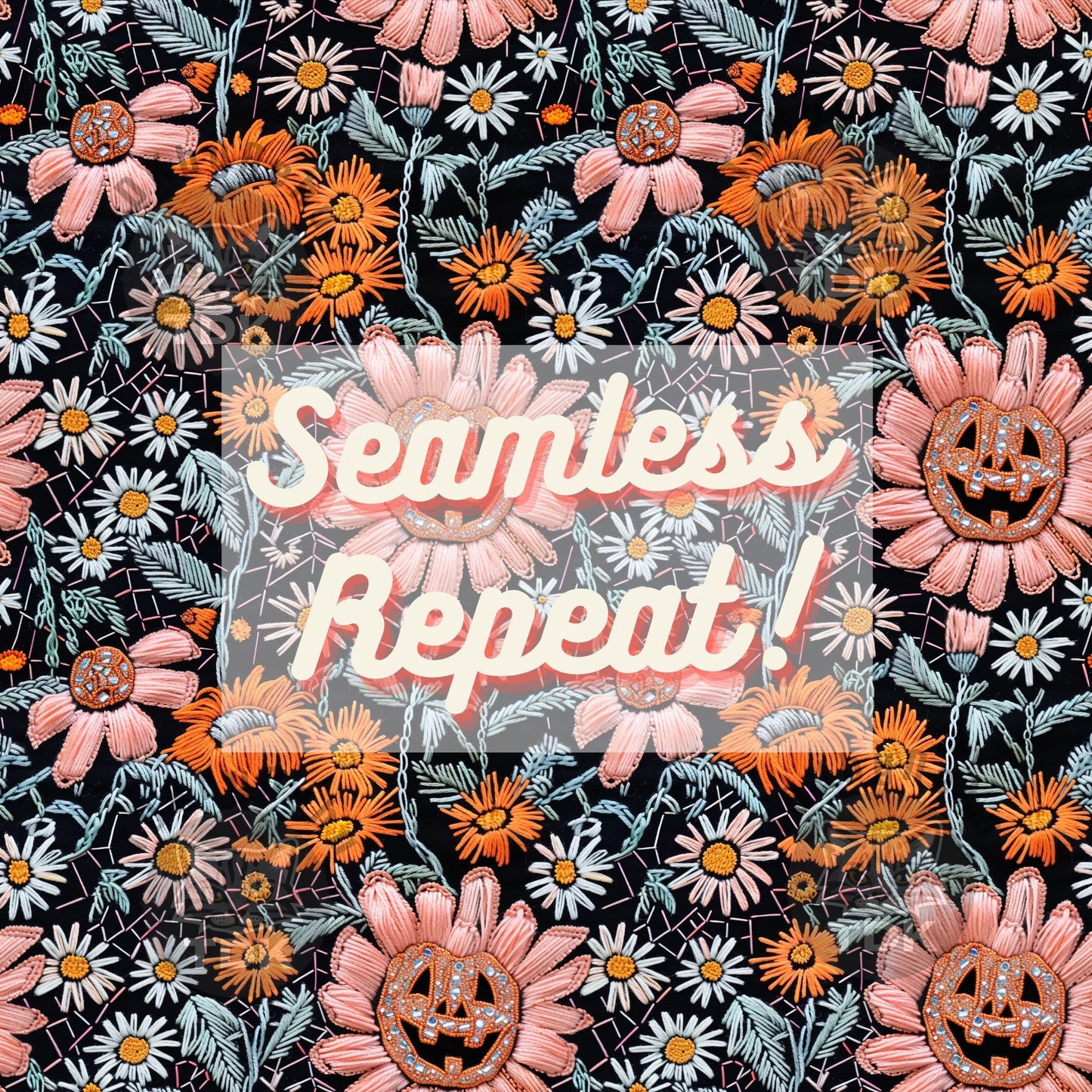 Halloween Fall Pumpkin Face Floral Seamless JPG