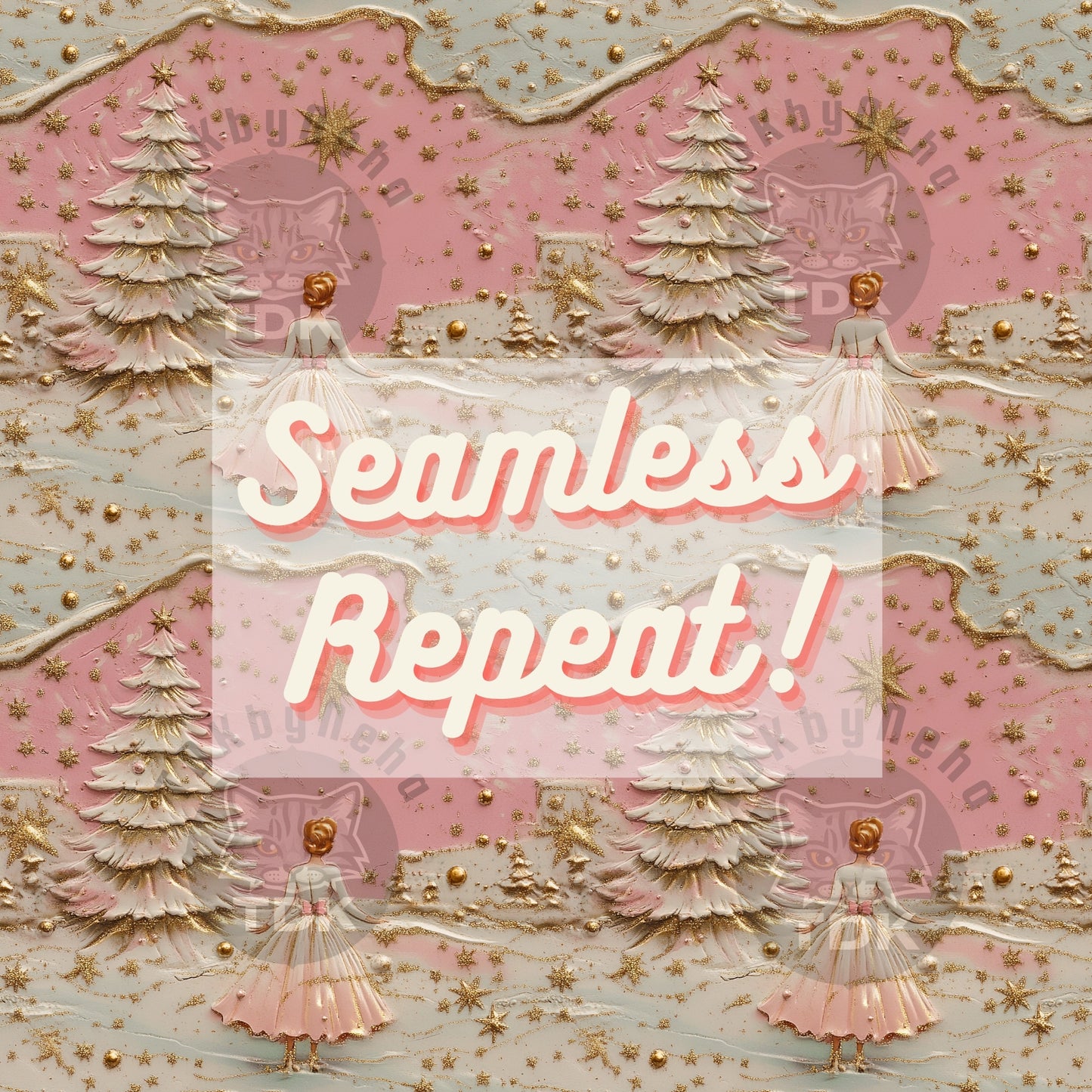 Vintage Pink Christmas Tree and Lady Seamless JPG