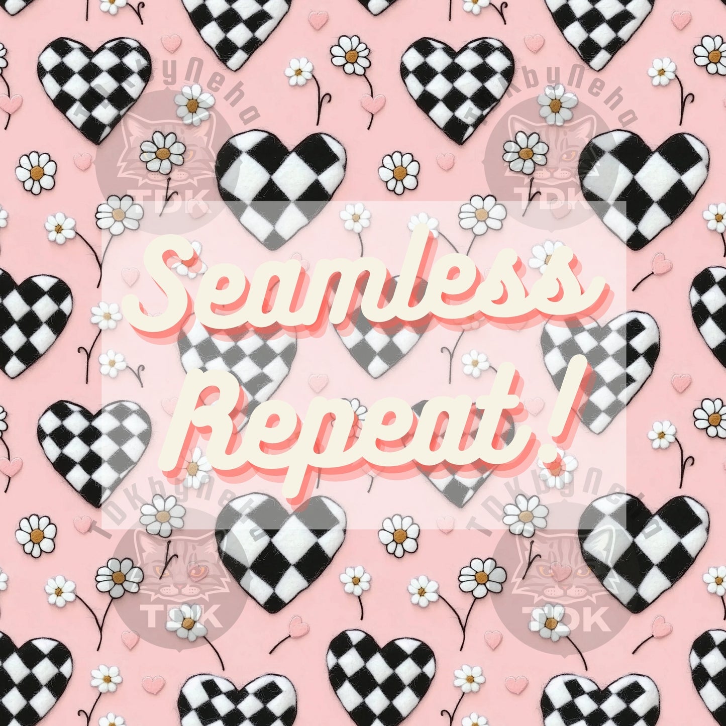 Checkered Retro Hearts and Daisy Pink Seamless JPG