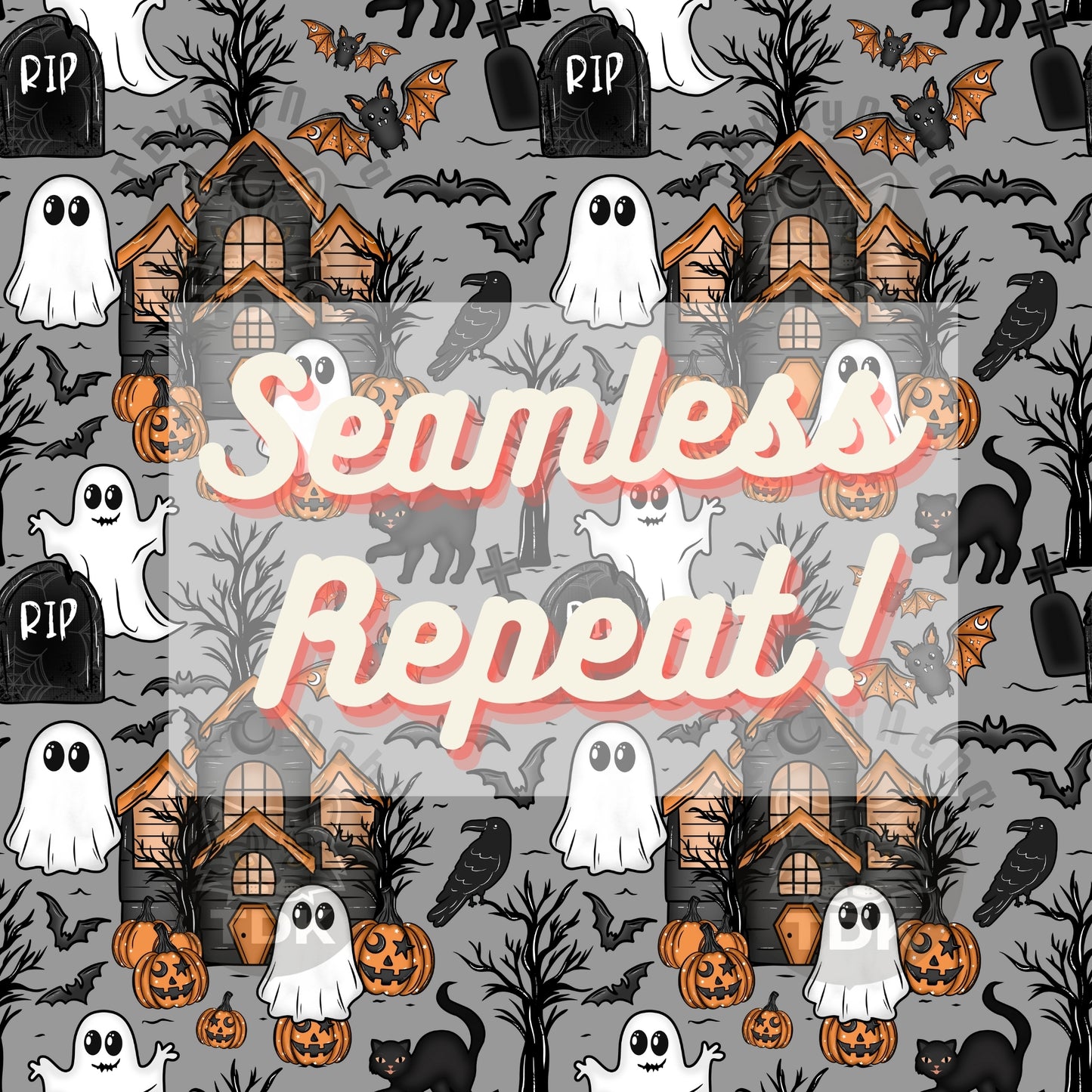 Halloween Haunted House Seamless PNG (Grey)