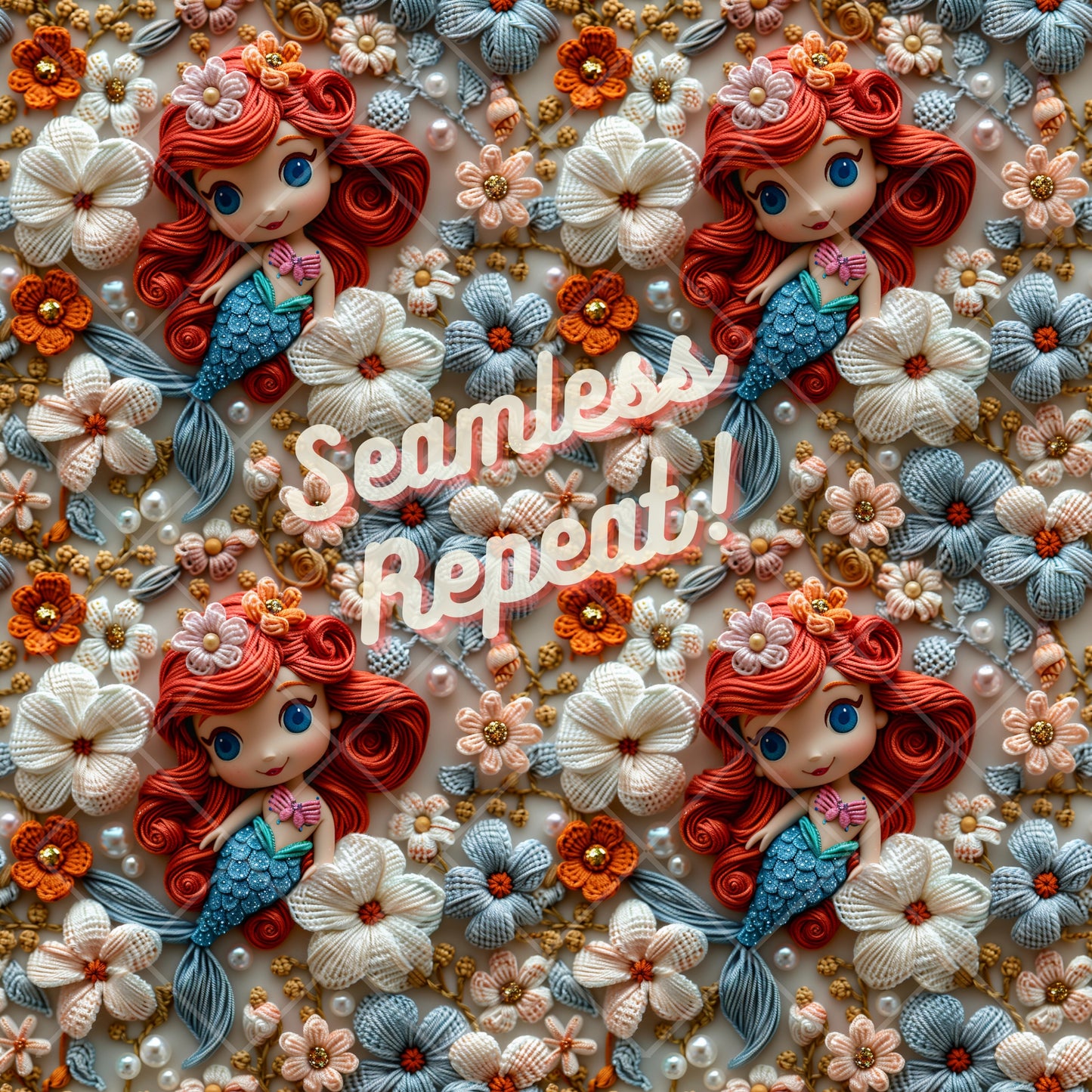 Instant Download 3D Floral Mermaid Princess Seamless Digital Paper for Fabric Printing