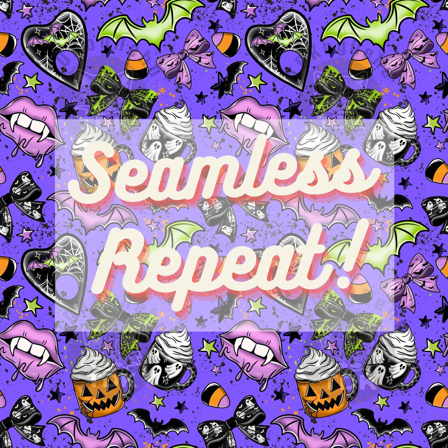 Spooky Halloween Bow n Things Seamless PNG (purple)